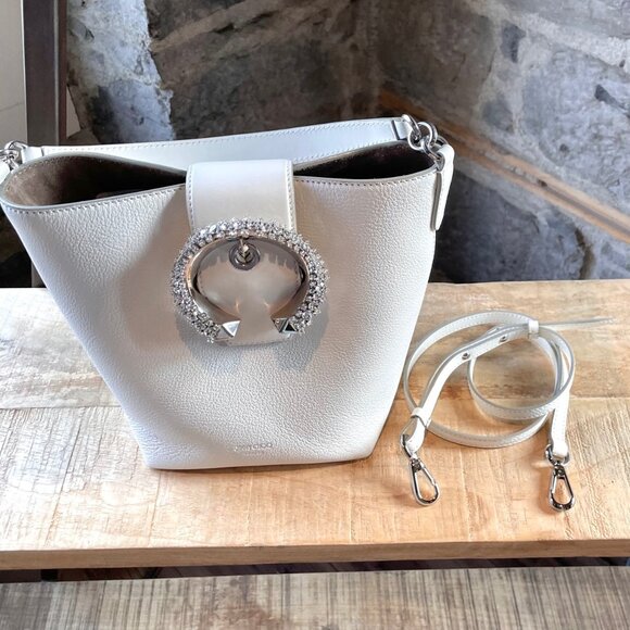 Jimmy Choo Ivory Leather Crystal Embellished Madeline Bucket Bag - Picture 11 of 12